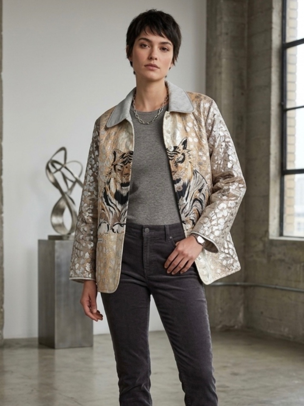 Vintage Diane Gilman 100% Silk Bengal Tiger Jacket M Artsy Mob Wife Avante Garde